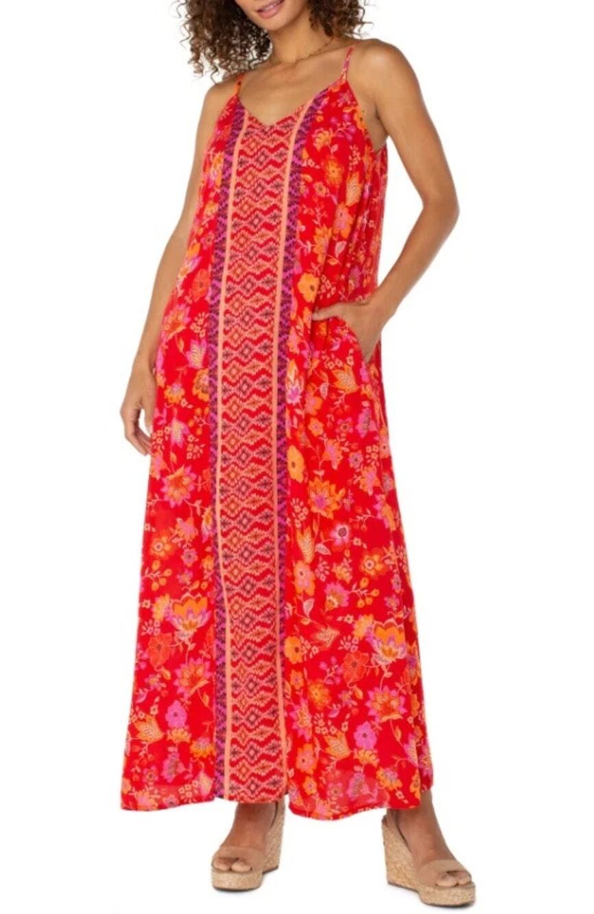 Liverpool Los Angeles Spaghetti Strap Maxi Dress Red Orange Floral Size XS New